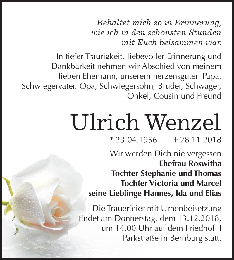  Traueranzeige für Ulrich Wenzel vom 08.12.2018 aus Mitteldeutsche Zeitung Bernburg