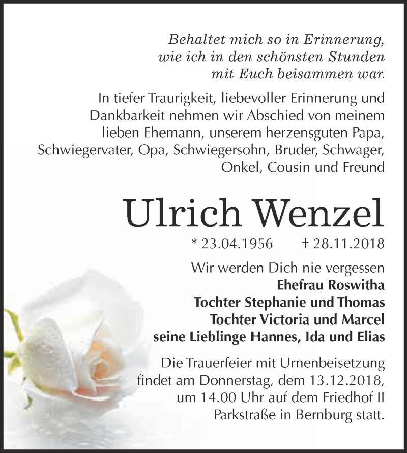  Traueranzeige für Ulrich Wenzel vom 08.12.2018 aus Super Sonntag Bernburg