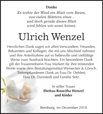 Traueranzeige von Ulrich Wenzel von Mitteldeutsche Zeitung Bernburg