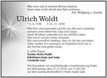 Traueranzeige von Ulrich Woldt von Mitteldeutsche Zeitung Halle/Saalkreis