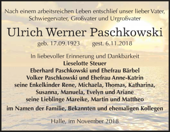 Traueranzeige von Ulrich Werner Paschkowski von Mitteldeutsche Zeitung Merseburg/Querfurt