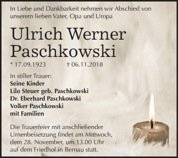 Traueranzeige von Ulrich Werner Paschkowski von Mitteldeutsche Zeitung Naumburg/Nebra