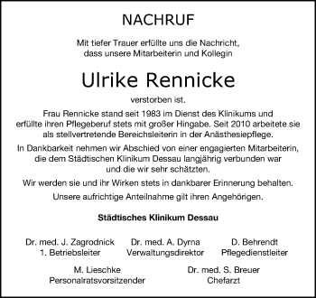 Traueranzeige von Ulrike Rennicke von Mitteldeutsche Zeitung Dessau-Roßlau