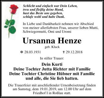 Traueranzeige von Ursanna Henze von WVG - Wochenspiegel Dessau / Köthen