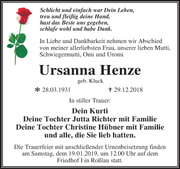 Traueranzeige von Ursanna Henze von Mitteldeutsche Zeitung Dessau-Roßlau