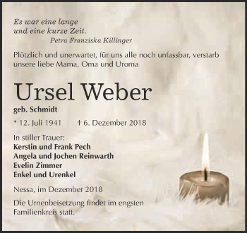 Traueranzeige von Ursel Weber von Super Sonntag Zeitz