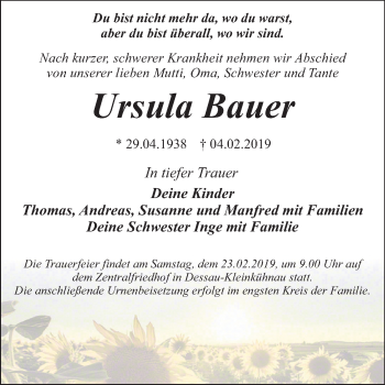 Traueranzeige von Ursula Bauer von Mitteldeutsche Zeitung