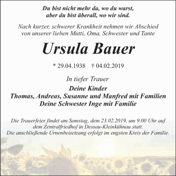 Traueranzeige von Ursula Bauer von WVG - Wochenspiegel Dessau / Köthen