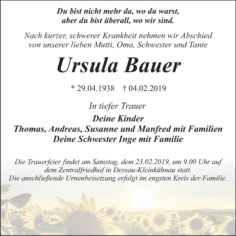  Traueranzeige für Ursula Bauer vom 16.02.2019 aus Mitteldeutsche Zeitung