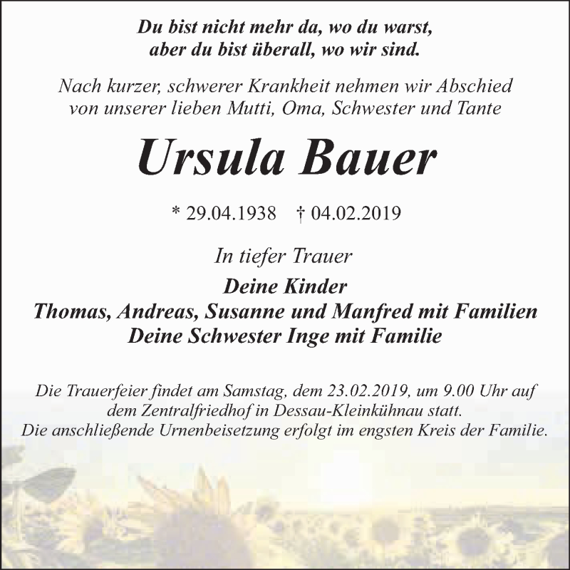  Traueranzeige für Ursula Bauer vom 16.02.2019 aus WVG - Wochenspiegel Dessau / Köthen