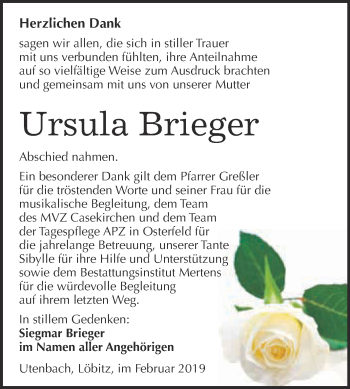 Traueranzeige von Ursula Brieger von WVG - Wochenspiegel NMB / WSF / ZTZ