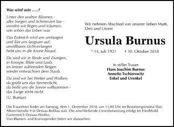 Traueranzeige von Ursula Burnus von WVG - Wochenspiegel Dessau / Köthen