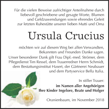 Traueranzeige von Ursula Crucius von WVG - Wochenspiegel Dessau / Köthen