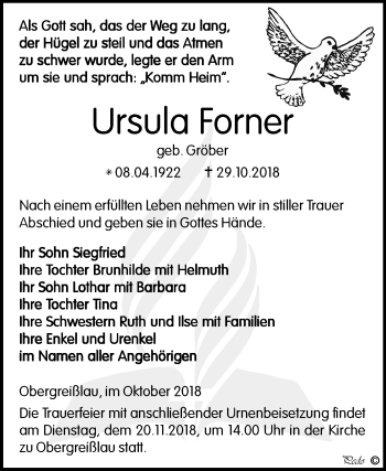 Traueranzeige von Ursula Forner von Mitteldeutsche Zeitung Weißenfels