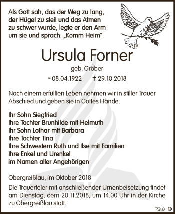 Traueranzeige von Ursula Forner von WVG - Wochenspiegel NMB / WSF / ZTZ