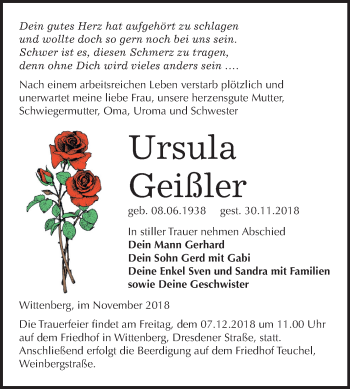 Traueranzeige von Ursula Geißler von Mitteldeutsche Zeitung Wittenberg