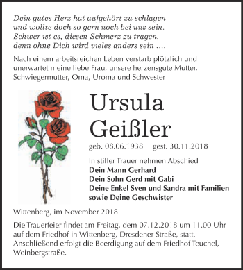 Traueranzeige von Ursula Geißler von WVG - Wochenspiegel Wittenberg