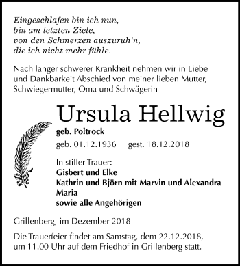 Traueranzeige von Ursula Hellwig von Mitteldeutsche Zeitung Sangerhausen