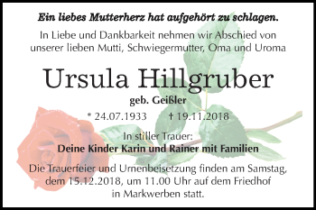 Traueranzeige von Ursula Hillgruber von WVG - Wochenspiegel Merseburg