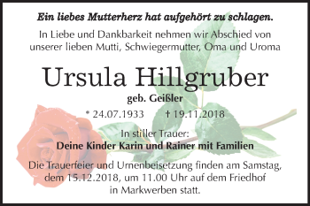 Traueranzeige von Ursula Hillgruber von Mitteldeutsche Zeitung Weißenfels