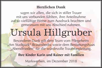 Traueranzeige von Ursula Hillgruber von WVG - Wochenspiegel Merseburg