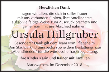 Traueranzeige von Ursula Hillgruber von Mitteldeutsche Zeitung Weißenfels