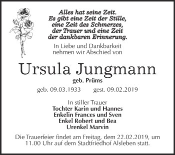 Traueranzeige von Ursula Jungmann von Super Sonntag Bernburg