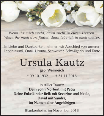 Traueranzeige von Ursula Kautz von Super Sonntag SGH Mansf. Land