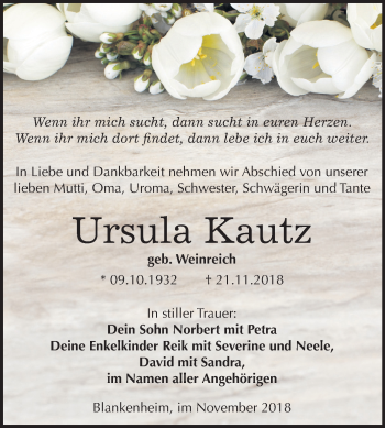 Traueranzeige von Ursula Kautz von Mitteldeutsche Zeitung Sangerhausen