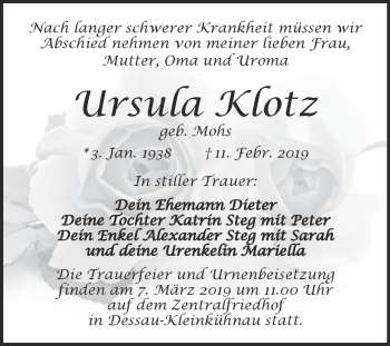Traueranzeige von Ursula Klotz von WVG - Wochenspiegel Dessau / Köthen