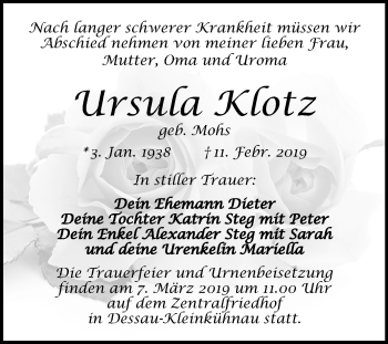 Traueranzeige von Ursula Klotz von Mitteldeutsche Zeitung Dessau-Roßlau