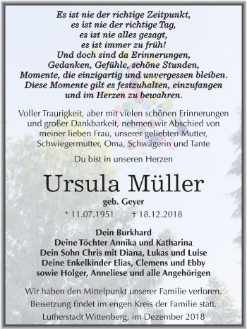 Traueranzeige von Ursula Müller von Mitteldeutsche Zeitung Wittenberg