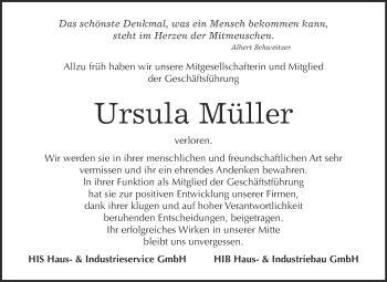 Traueranzeige von Ursula Müller von WVG - Wochenspiegel Wittenberg