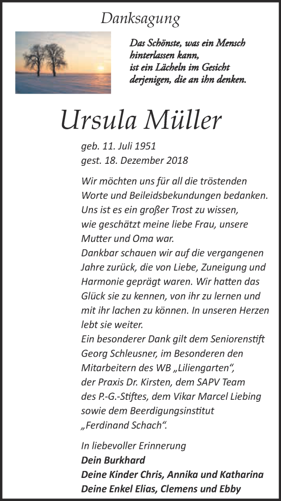  Traueranzeige für Ursula Müller vom 07.01.2019 aus WVG - Wochenspiegel Wittenberg