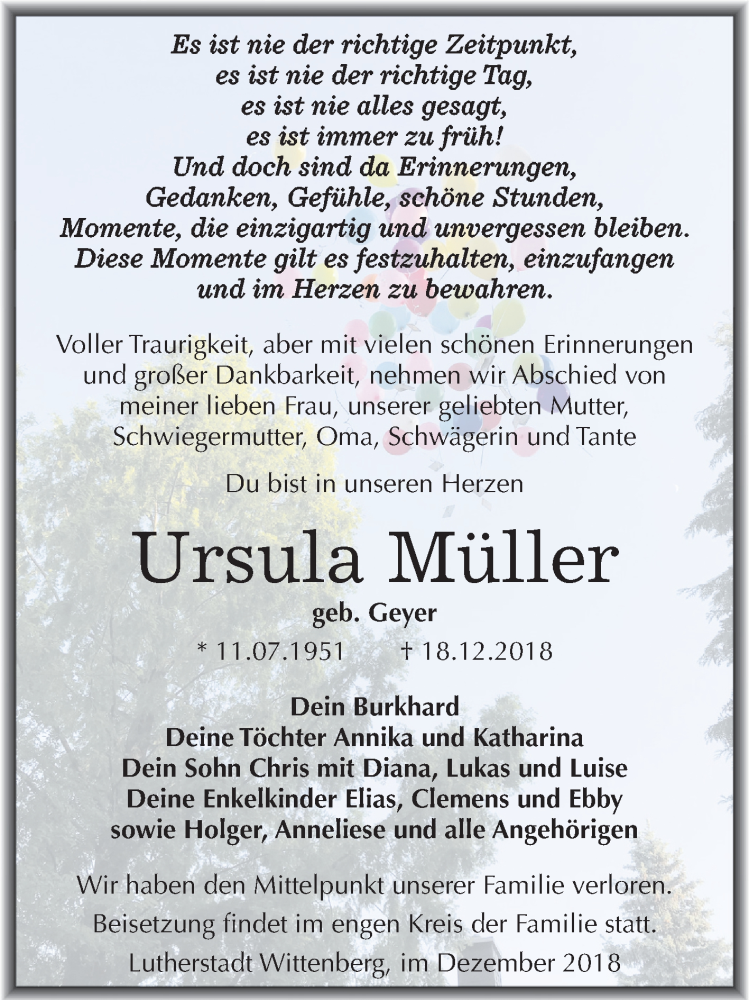  Traueranzeige für Ursula Müller vom 27.12.2018 aus Mitteldeutsche Zeitung Wittenberg