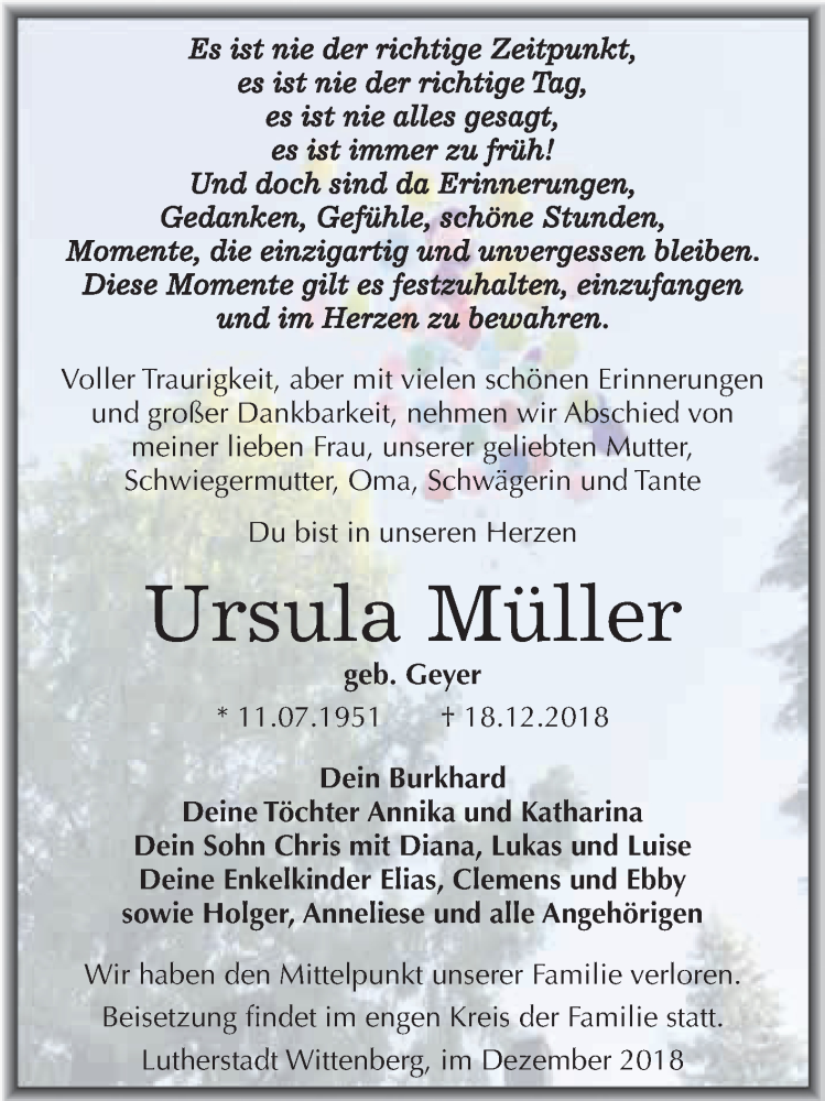  Traueranzeige für Ursula Müller vom 26.12.2018 aus WVG - Wochenspiegel Wittenberg