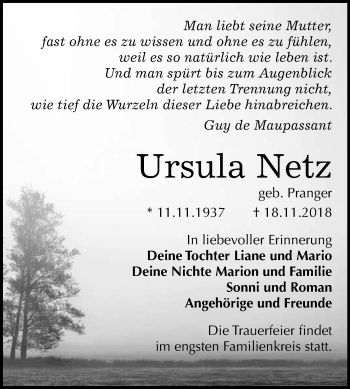 Traueranzeige von Ursula Netz von WVG - Wochenspiegel Wittenberg