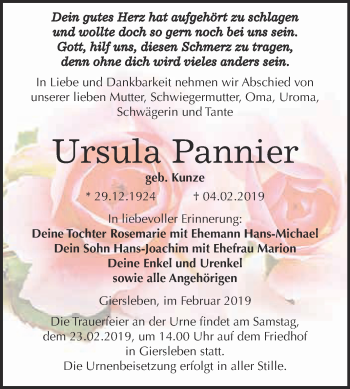 Traueranzeige von Ursula Pannier von Super Sonntag Aschersleben