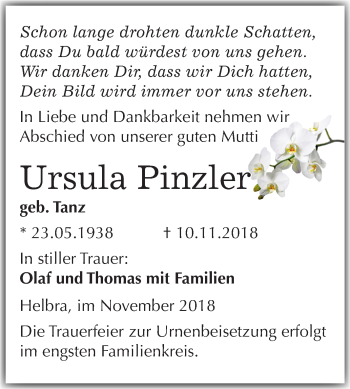 Traueranzeige von Ursula Pinzler von Mitteldeutsche Zeitung Aschersleben
