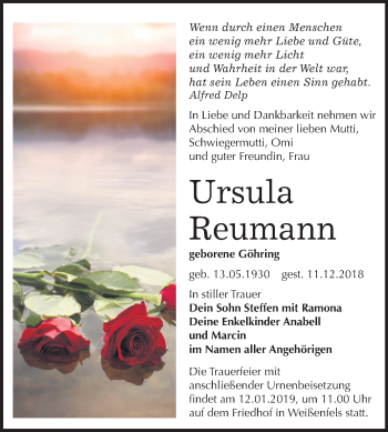 Traueranzeige von Ursula Reumann von Mitteldeutsche Zeitung Weißenfels