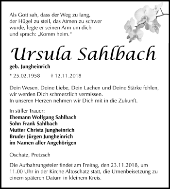 Traueranzeige von Ursula Sahlbach von Mitteldeutsche Zeitung Wittenberg