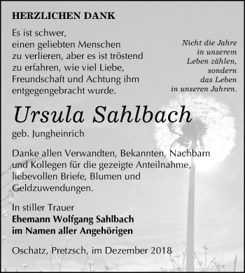 Traueranzeige von Ursula Sahlbach von Mitteldeutsche Zeitung Wittenberg