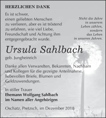 Traueranzeige von Ursula Sahlbach von Super Sonntag Wittenberg