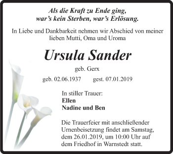 Traueranzeige von Ursula Sander von Mitteldeutsche Zeitung Quedlinburg