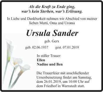 Traueranzeige von Ursula Sander von Super Sonntag Quedlinburg