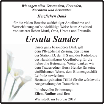 Traueranzeige von Ursula Sander von Super Sonntag Quedlinburg
