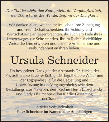 Traueranzeige von Ursula Schneider von Mitteldeutsche Zeitung Bitterfeld