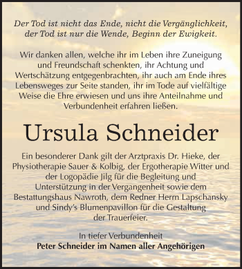 Traueranzeige von Ursula Schneider von WVG - Wochenspiegel Bitterfeld