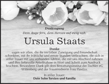 Traueranzeige von Ursula Staats von WVG - Wochenspiegel Wittenberg