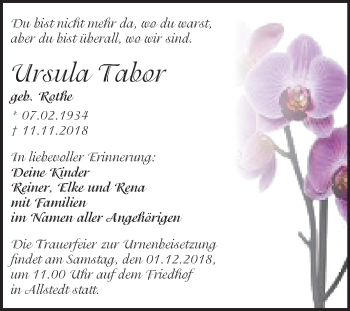 Traueranzeige von Ursula Tabor von Mitteldeutsche Zeitung Sangerhausen